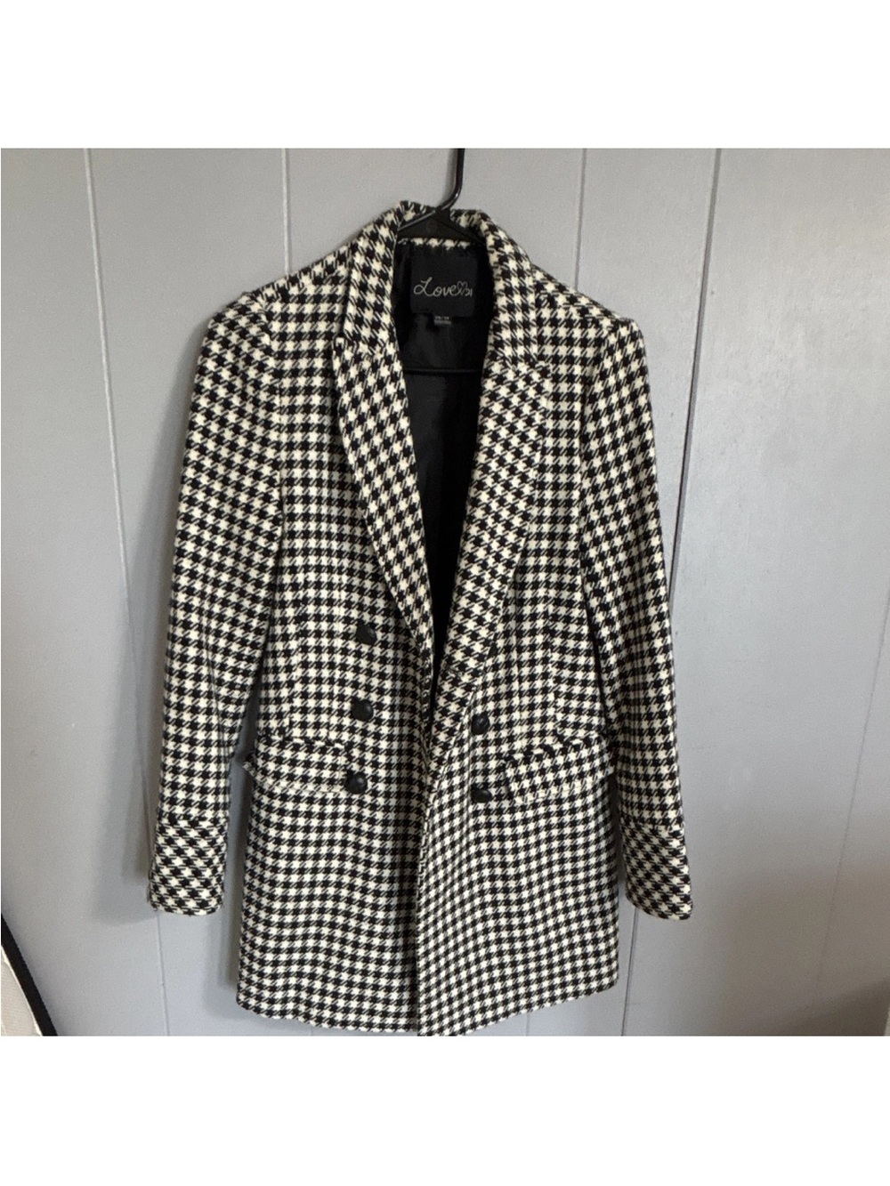 Love 21 Black & White Houndstooth Double-Breasted Pea Coat